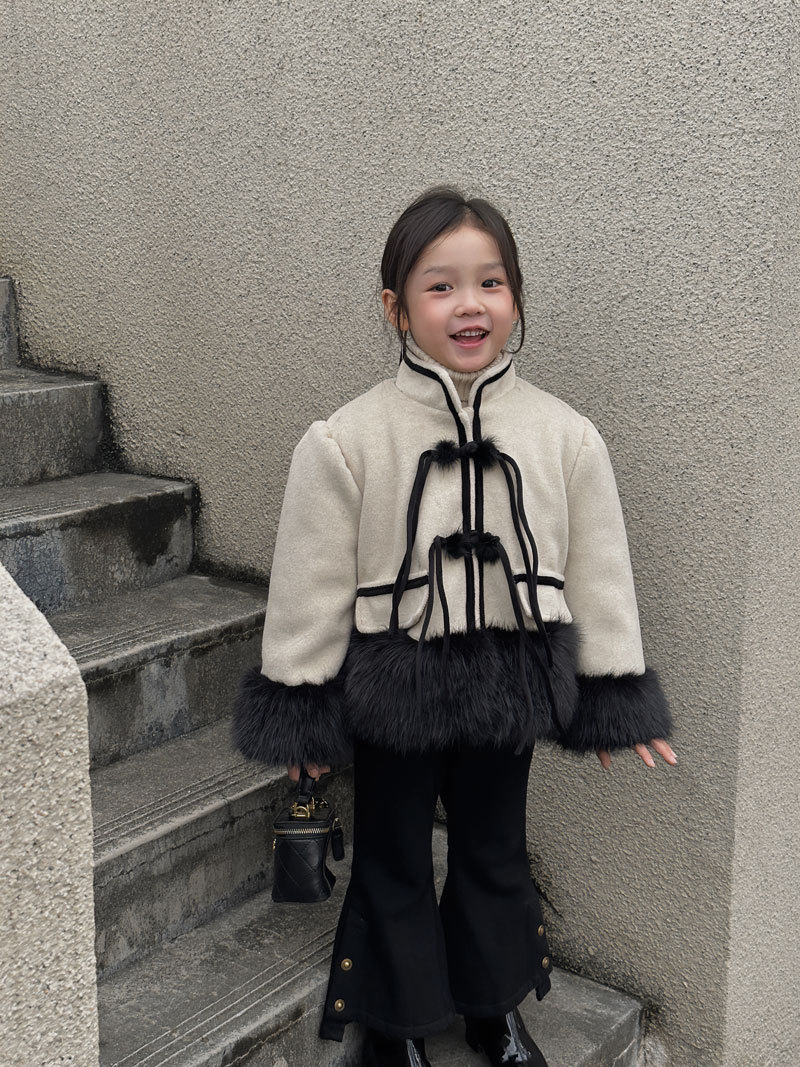 Bmy2023wt 冬款女童棉服洋气时髦新中式高级感呢子拼毛年服外套