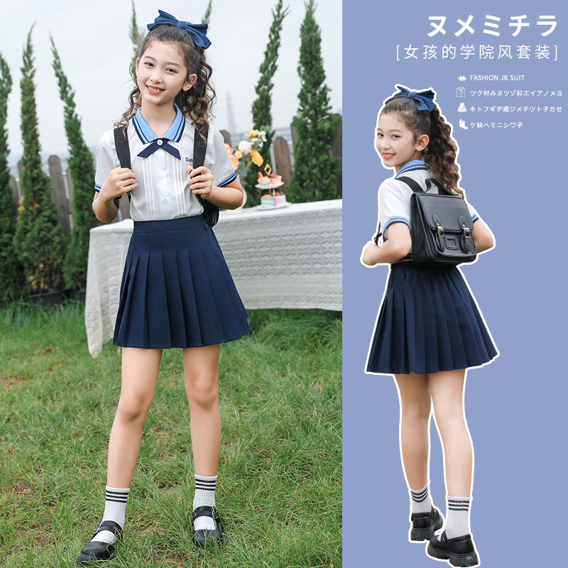 女童短袖2024新款夏装儿童jk百褶裙套装女大童夏季学院风制服裙子
