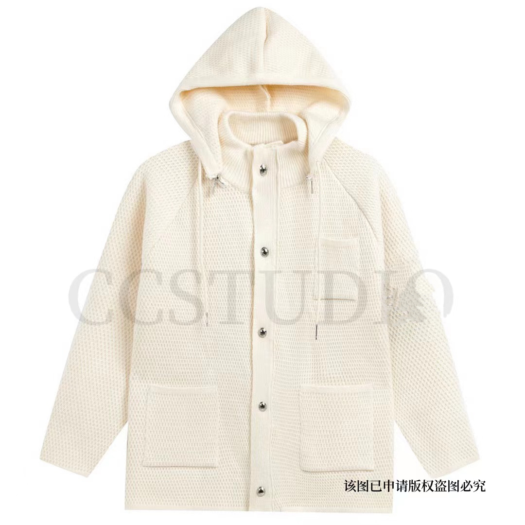 【摩登有品】菠萝提花时尚秋冬高级休闲开衫长袖毛衣带帽外套百搭