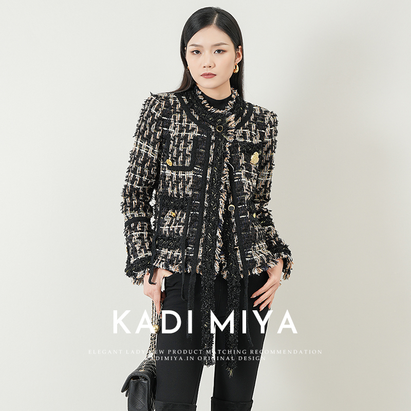 KADIMIYA富贵山茶花黑金小香风财阀千金粗花呢短外套秋冬气质上衣