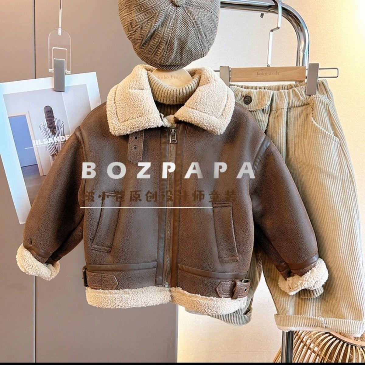 男童加绒外套2023冬季新款中小童宝宝时髦版保暖绒皮毛一体机车服