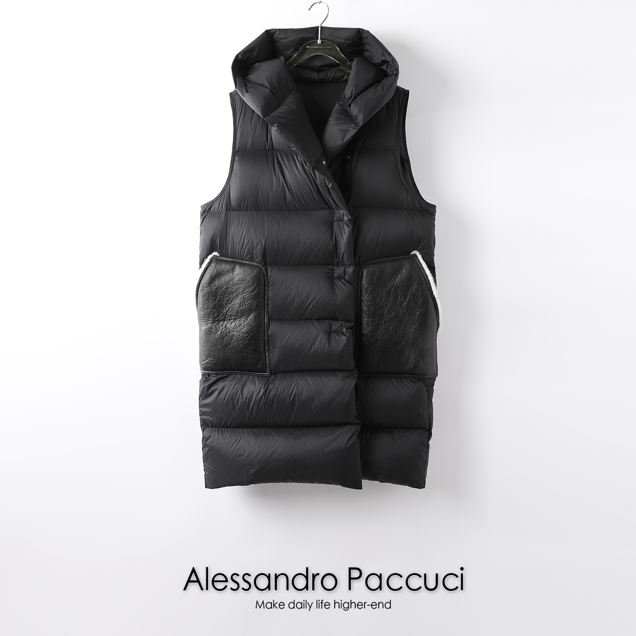 Alessandro Paccuci洛哥20322撞色拼皮R*O*同款 90白鹅绒羽绒马甲