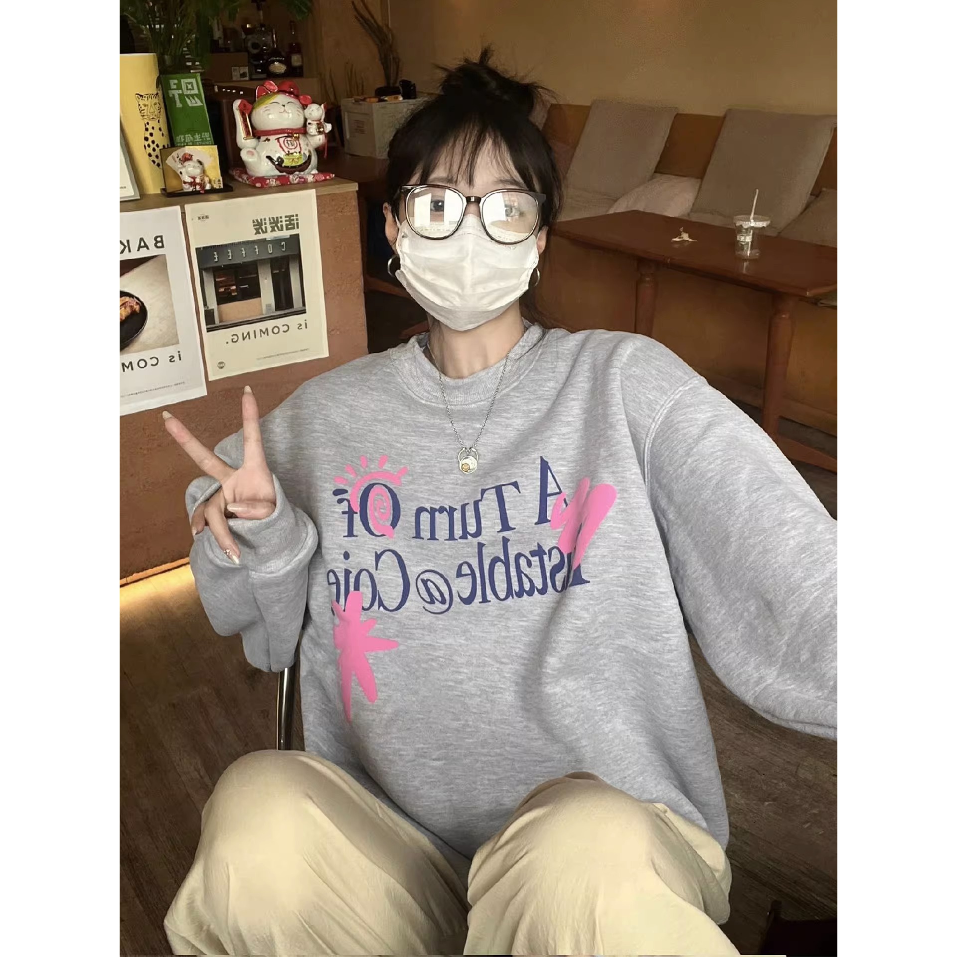 美式设计感字母印花潮流卫衣女圆领休闲ins百搭小众宽松春秋薄款