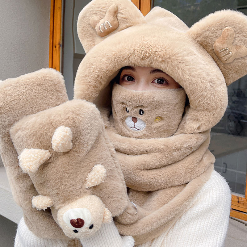 小熊毛绒帽子围巾手套一体连帽女秋冬季骑车防风防寒护耳保暖围脖