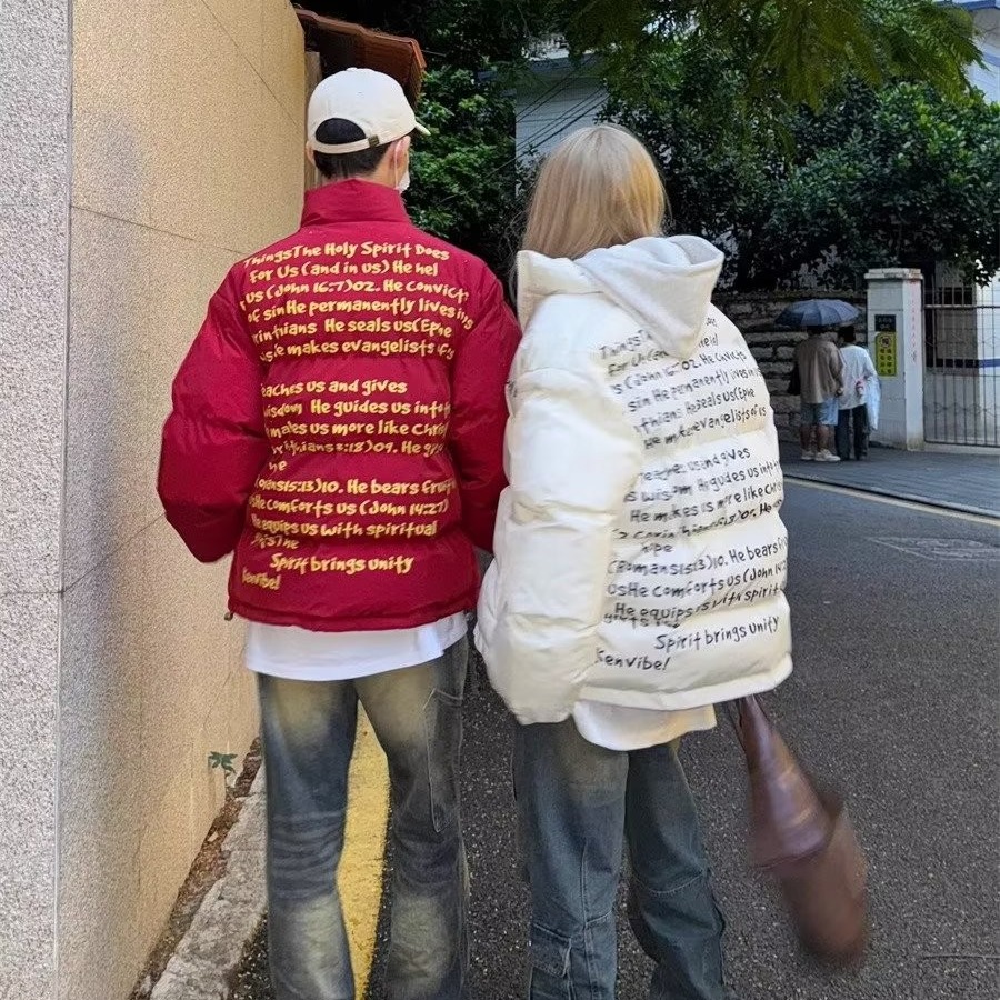 美式复古原创满印字母印花棉服情侣冬季加厚保暖宽松立领棉衣男女