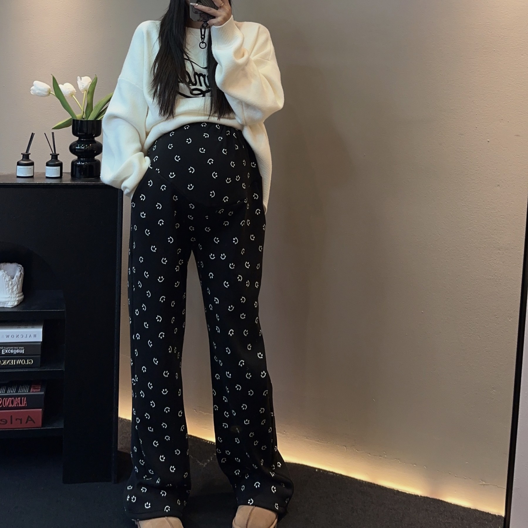 好穿又暖和的加绒高腰托腹笑脸裤K001