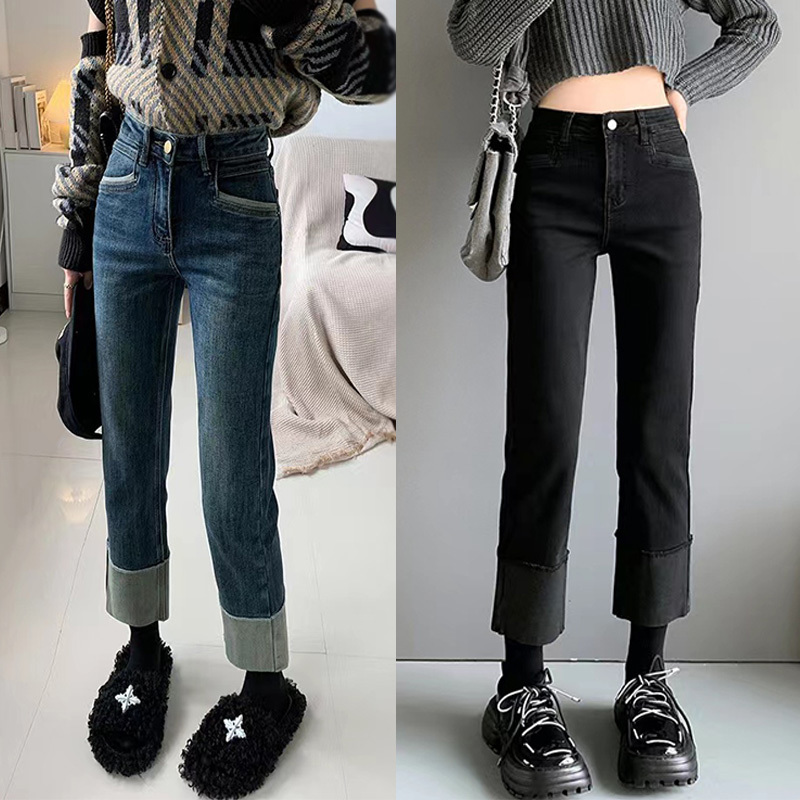 拼接弹力直筒牛仔裤女梨型身材2023春季新款大码高腰复古烟管裤女