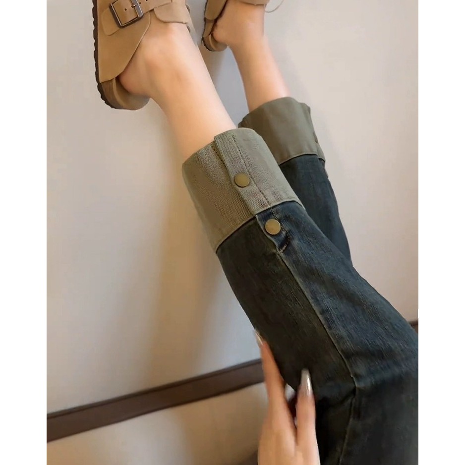 弹力高腰法棍裤女拼接纽扣直筒烟管裤大码胖妹妹MM修身显瘦牛仔裤