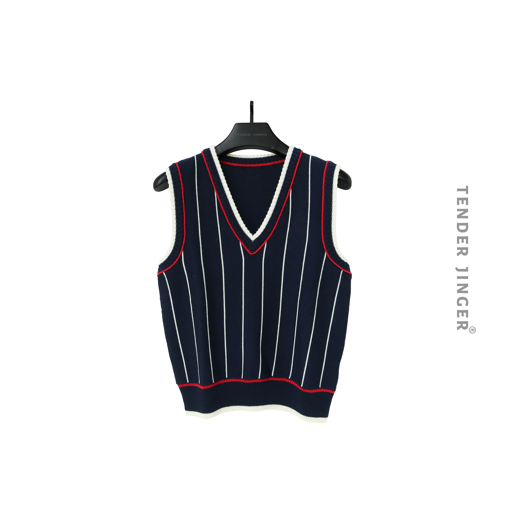 Tender Jinger【专柜】2023秋冬V领羊毛条纹马甲背心T2311BBS49888