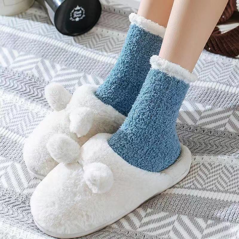 冬季保暖雪地袜珊瑚绒袜中筒袜加绒月子睡眠毛巾居家地板毛绒袜LO