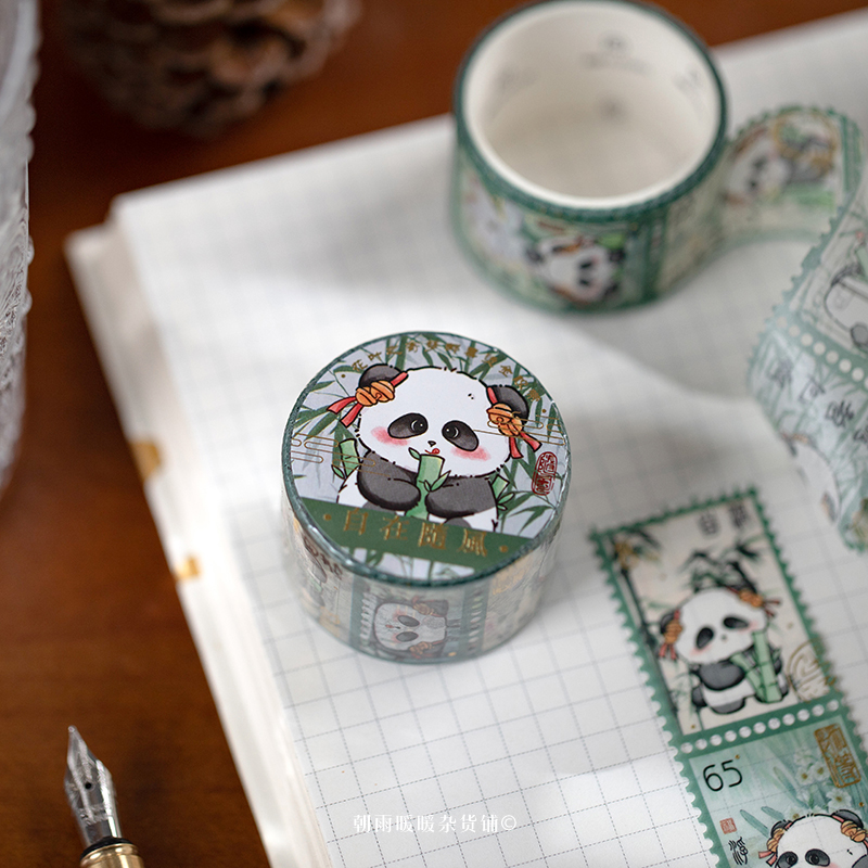 朝雨 可爱熊猫邮票胶带中国风书法贴纸边框diy拼贴装饰手帐素材