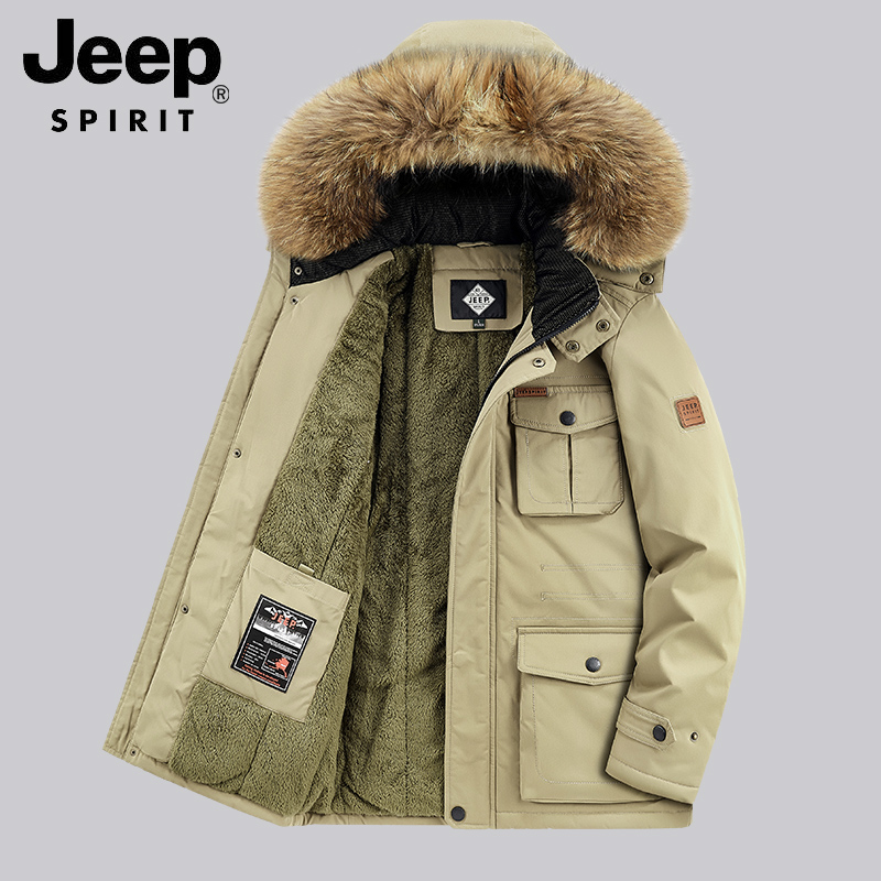 JEEP吉普冬季新款加绒棉服男士中长款大码外套防风加厚防寒服棉衣