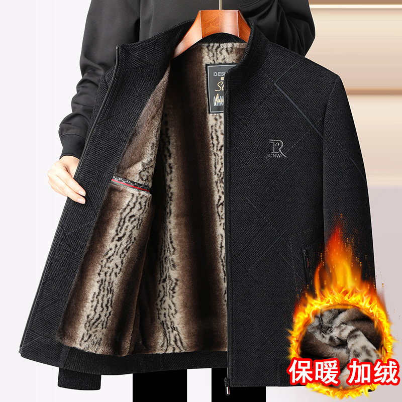 老爷车中年爸爸冬装加绒加厚翻领外套男士夹克新款保暖雪尼尔棉衣