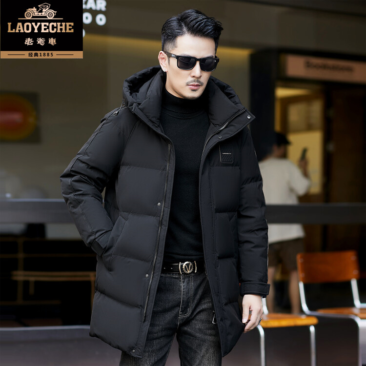 老爷车冬季新款男士白鸭绒男装羽绒服时尚休闲中长款连帽羽绒衣男