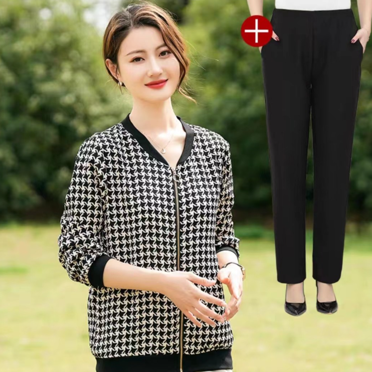 线下门店199！6699#时尚千鸟格印花棒球外套（XL~6XL.90~165斤）中年