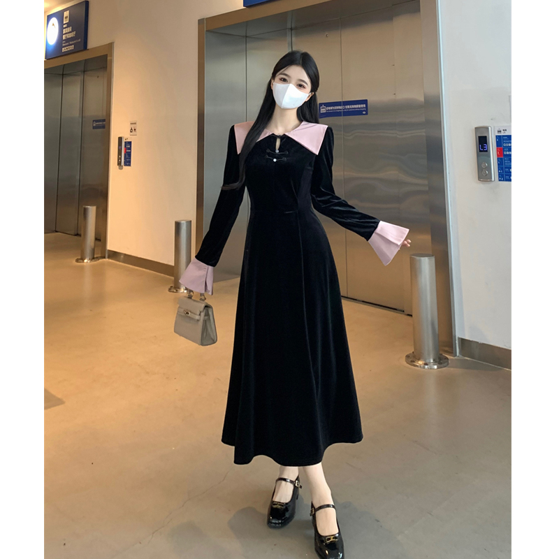 大码女装胖MM新中式国风丝绒撞色翻领拼接盘扣修身长款显瘦连衣裙