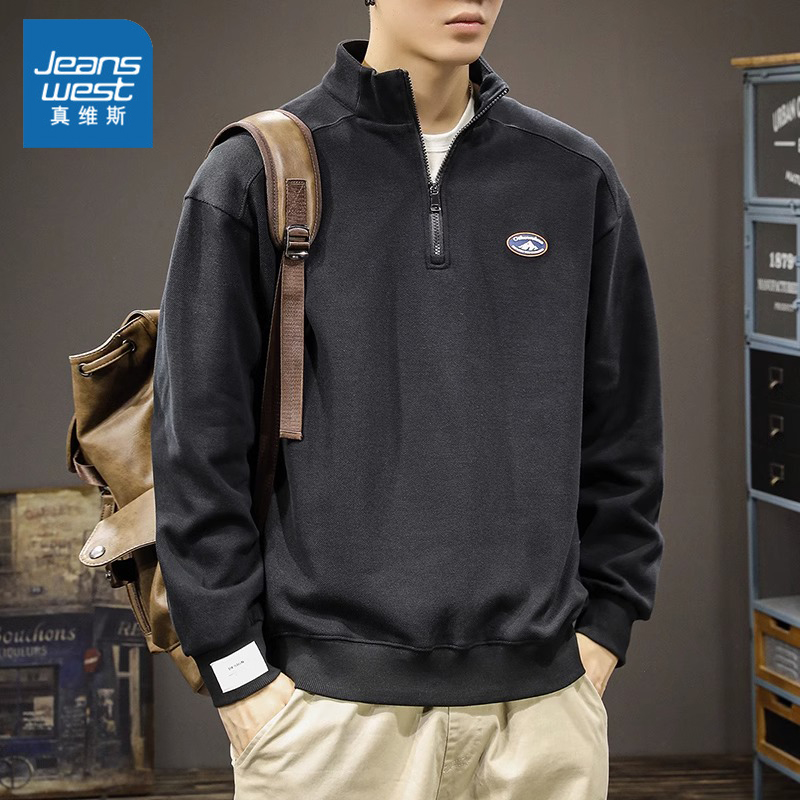 Jeanswest/真维斯棉感卫衣男美式潮流半拉链翻领长袖运动风上衣男