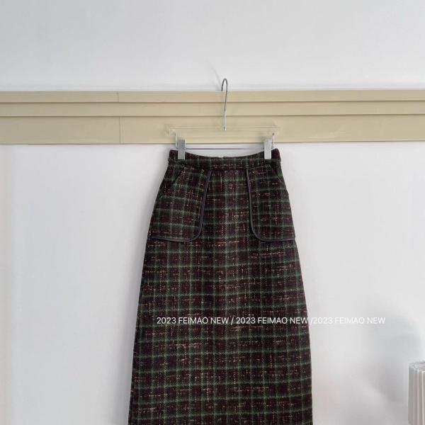 【赵小小YIMAO】2262 韩版复古格纹高腰过膝中长款包臀裙半身裙女