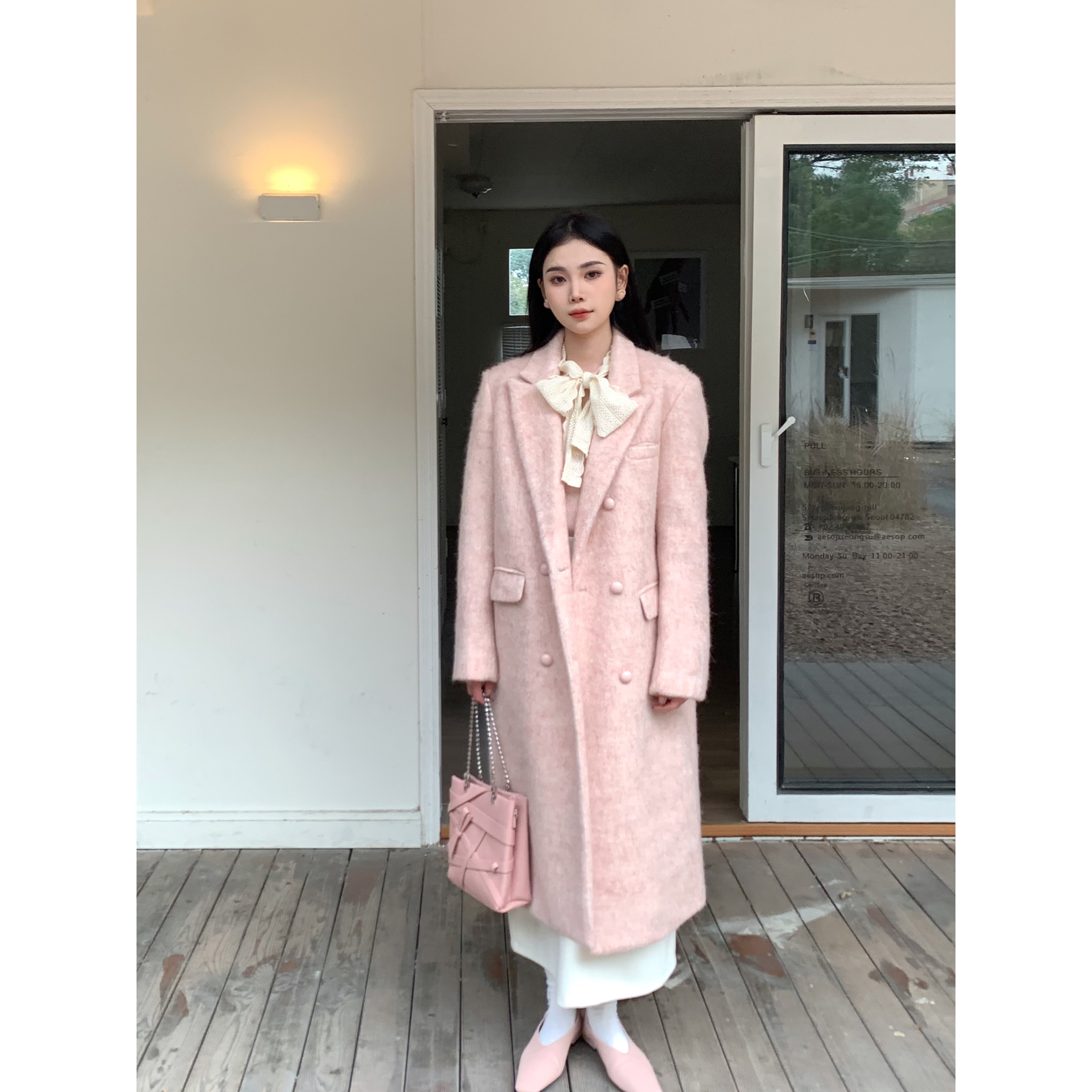 【白白-啊萍推荐】2157 秋冬高级呢子长款粉色夹棉西装毛呢大衣外套