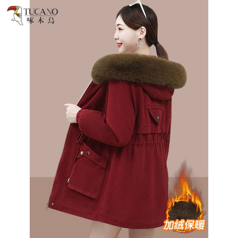 啄木鸟派克服女装加绒加厚新款冬季棉衣外套中长款棉服收腰毛领爆