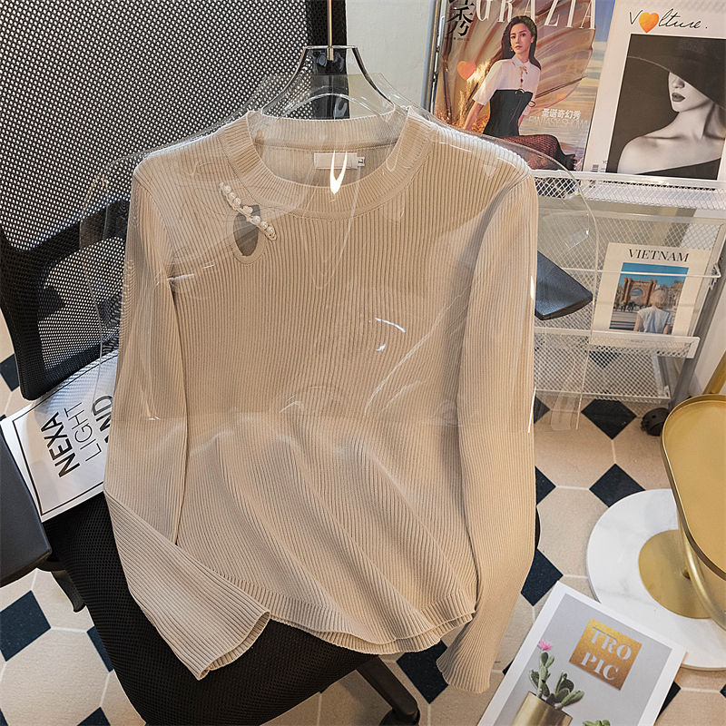 200斤穿法式小心机镂空修身长袖毛衣大码时尚气质圆领打底针织衫