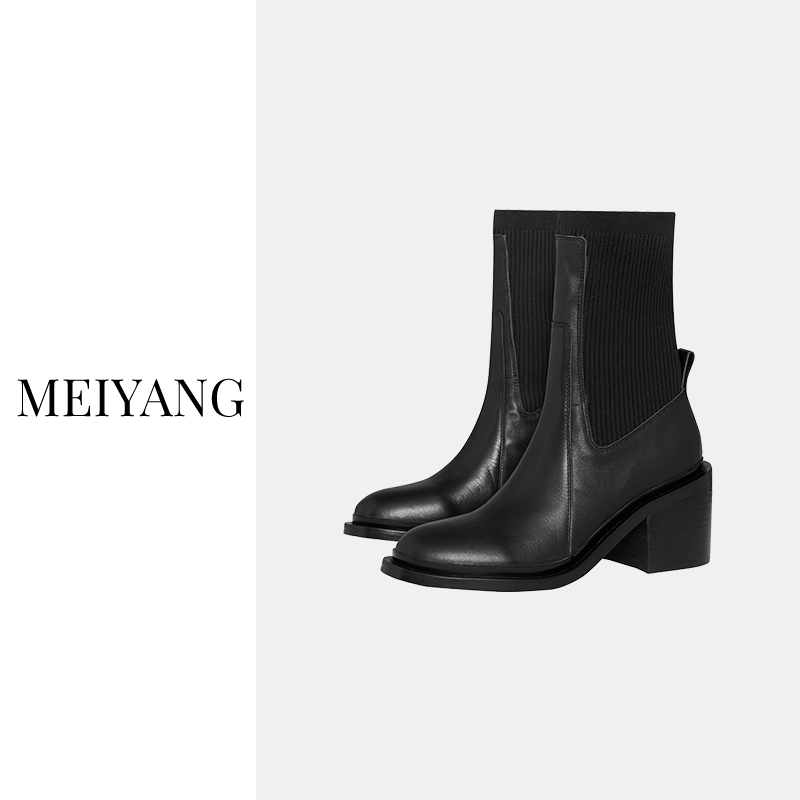 美洋MEIYANG 针织瘦瘦靴 飒雅兼得~纳帕纹牛皮粗跟中筒切尔西靴