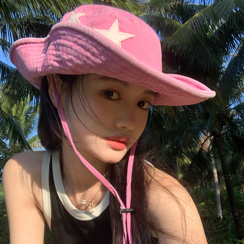 复古星星西部牛仔帽女夏季遮阳防晒登山帽户外露营渔夫帽