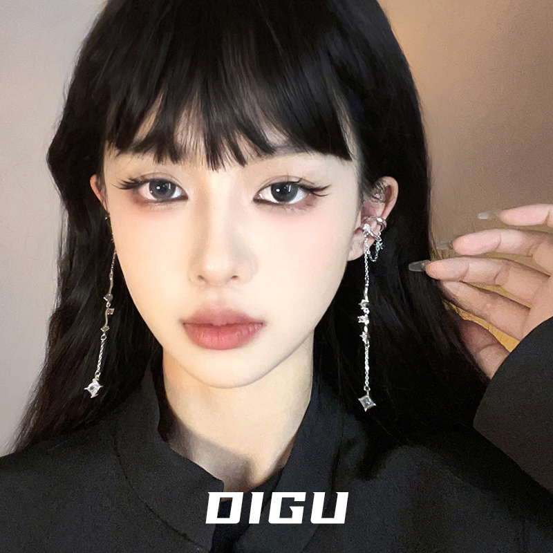 嘀咕家 铜合金合成锆石耳饰 高级感镶钻流苏耳夹无耳洞长款耳骨夹