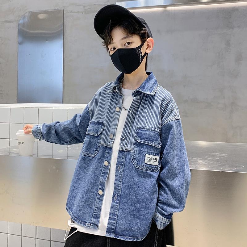儿童牛仔衬衫春秋季2023新款中大童韩版拼接长袖衬衣儿童薄款外套