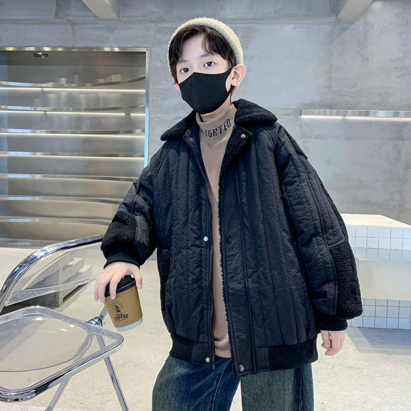 儿童装男童外套2023新款大童男孩冬装夹棉加厚毛毛衣羊羔毛最新款