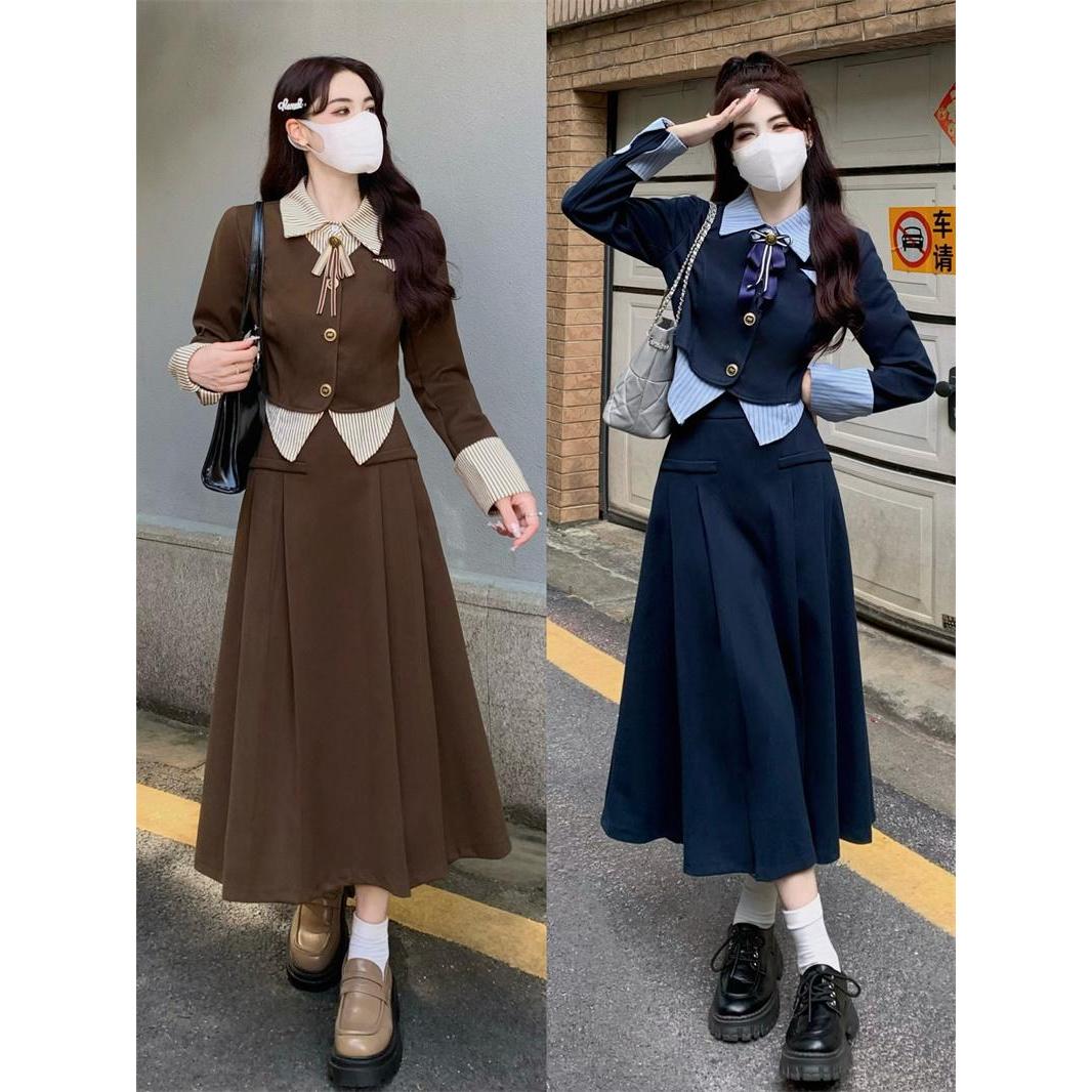 大码美式复古感学院风假两件条纹拼接上衣