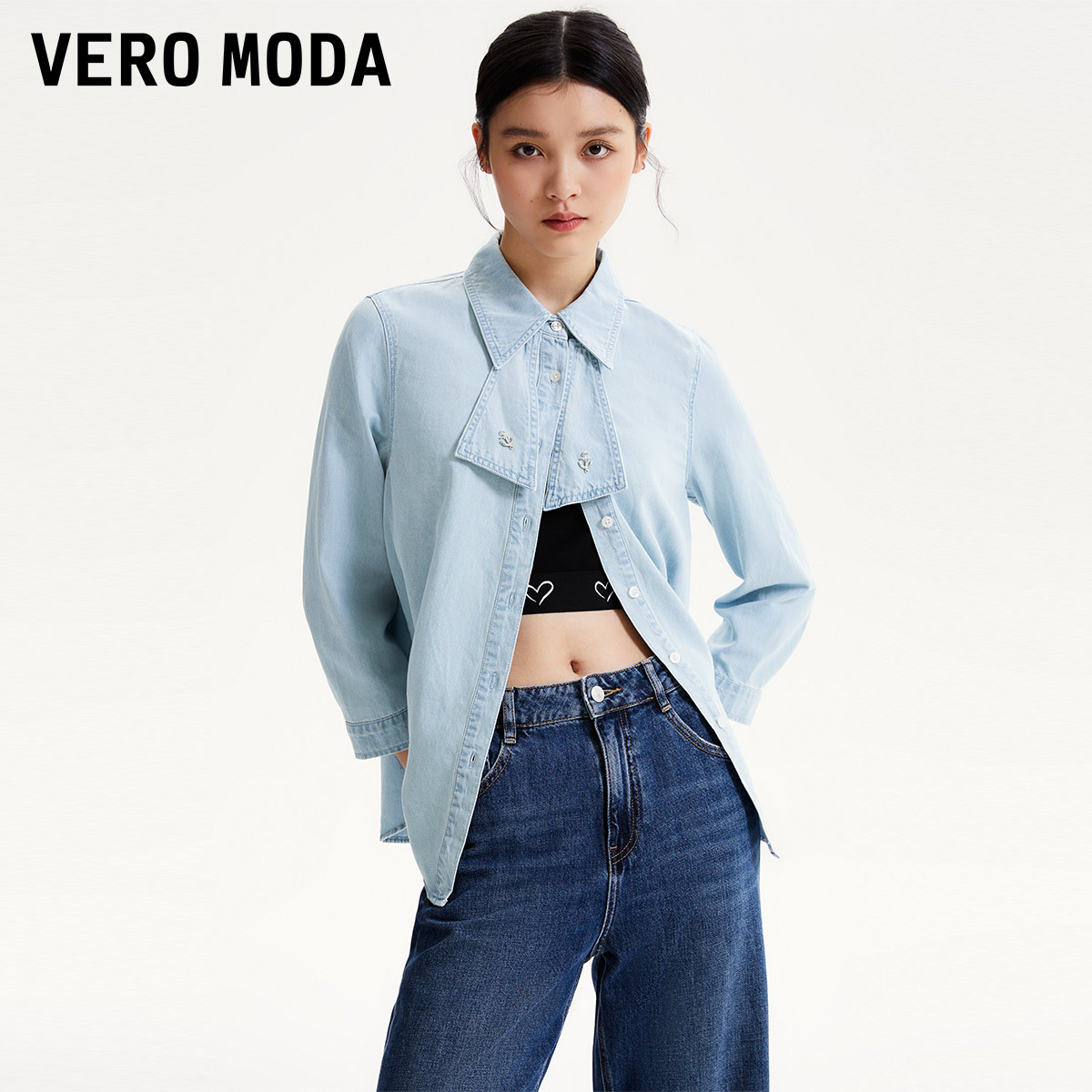 【小店专享】VeroModa时尚牛仔衬衫女设计感翻领七分袖|323353002