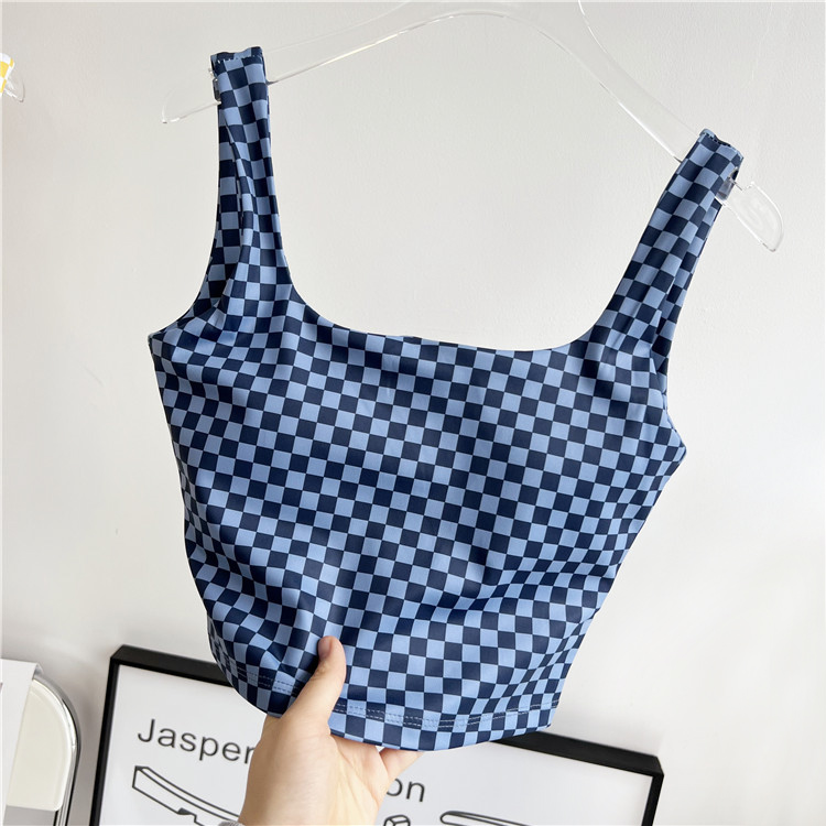 门牌9号 棋盘格瑜伽背心定型聚拢外穿健身服显瘦运动bra 含胸垫
