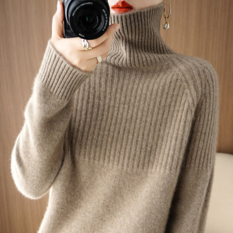 【4股加厚】秋冬新款半身抽条高领毛衣女宽松套头纯色长袖打底衫