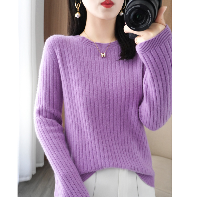 【新款福利】秋冬圆领抽条针织衫女毛衣长袖内搭套头纯色打底衫女