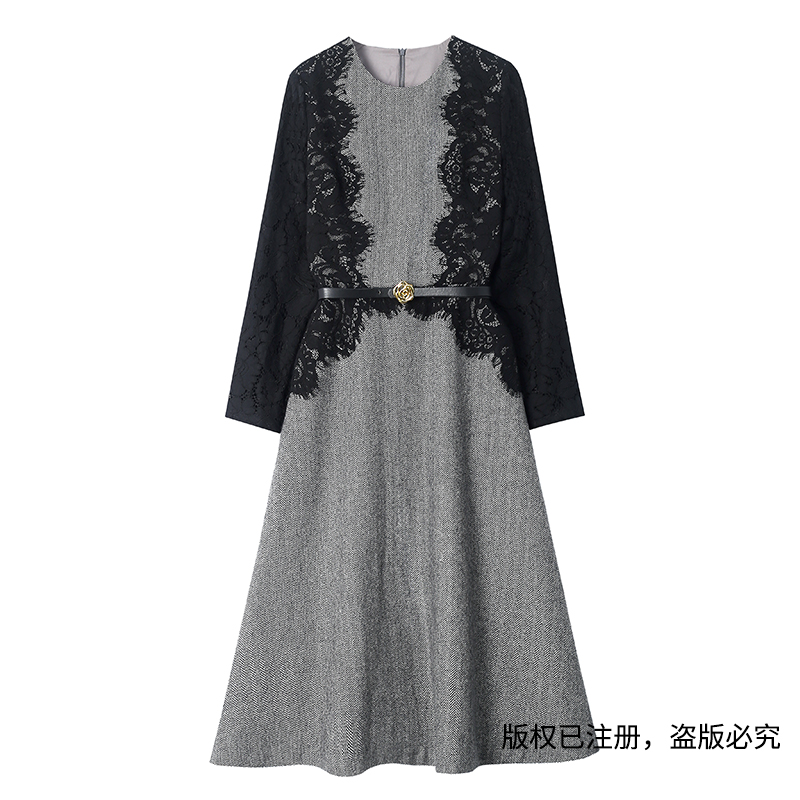 现货南法优雅【安迪】2023新款拼接蕾丝长袖连衣裙  YM3C01299QXY
