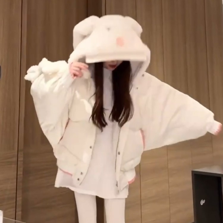 明星同款羽绒服女韩版气质宽松显瘦设计感立体小熊连帽长袖白鸭潮
