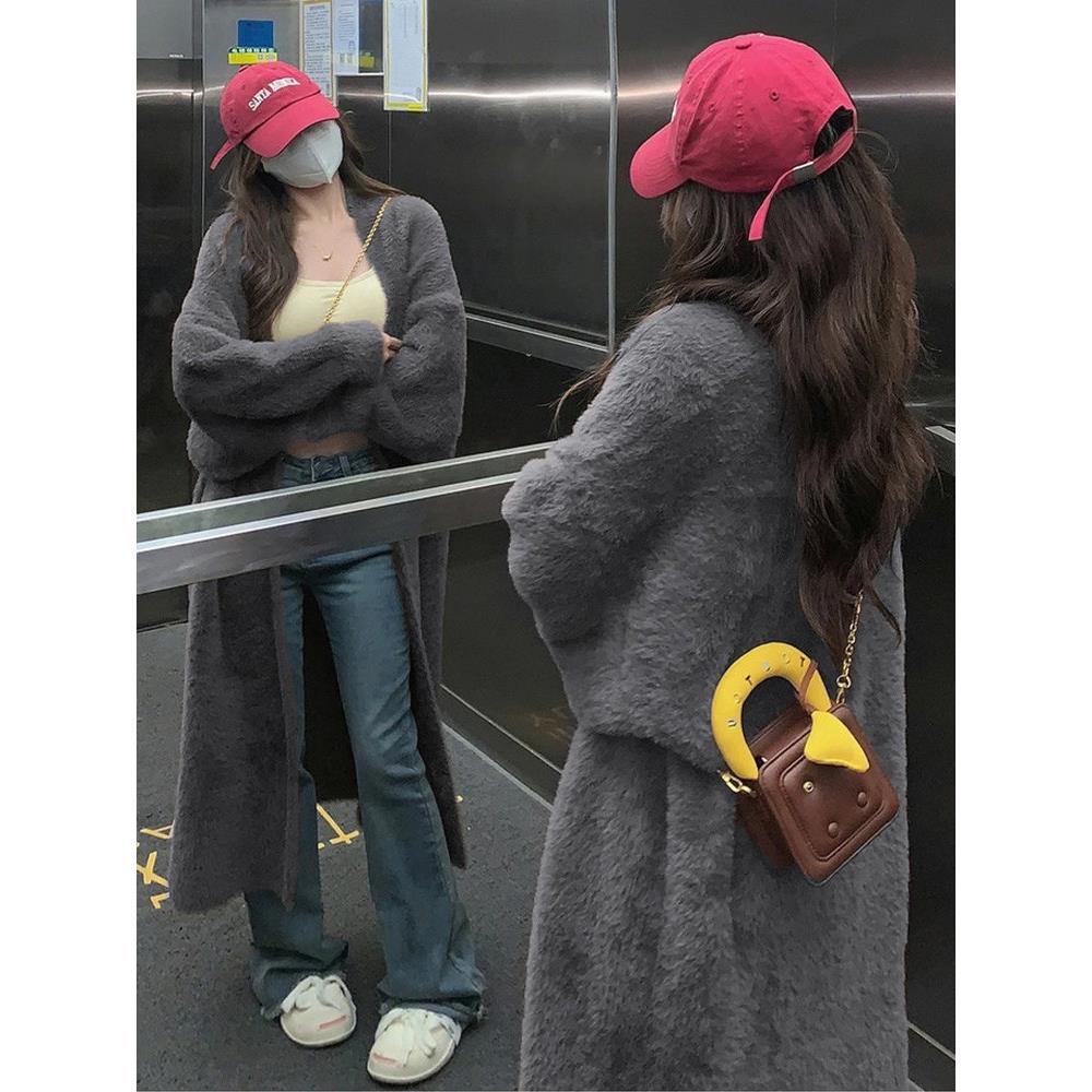 灰色中长版毛衣外套女早春韩系高级感针织开衫加厚外穿大衣