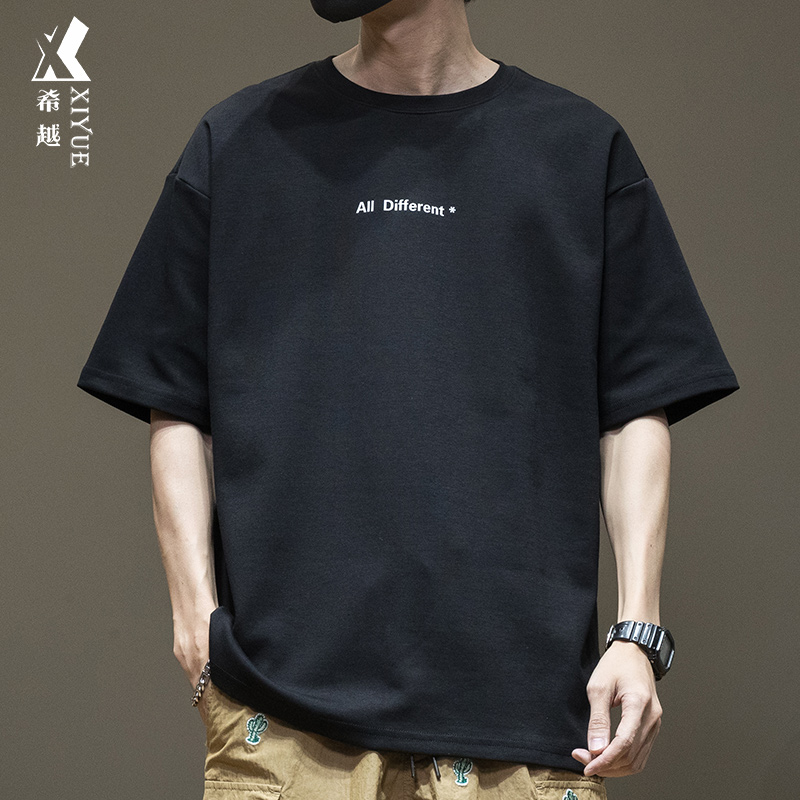 希越夏季300g重磅抗皱短袖t恤男胸前字母印花潮牌宽松半截袖衣服