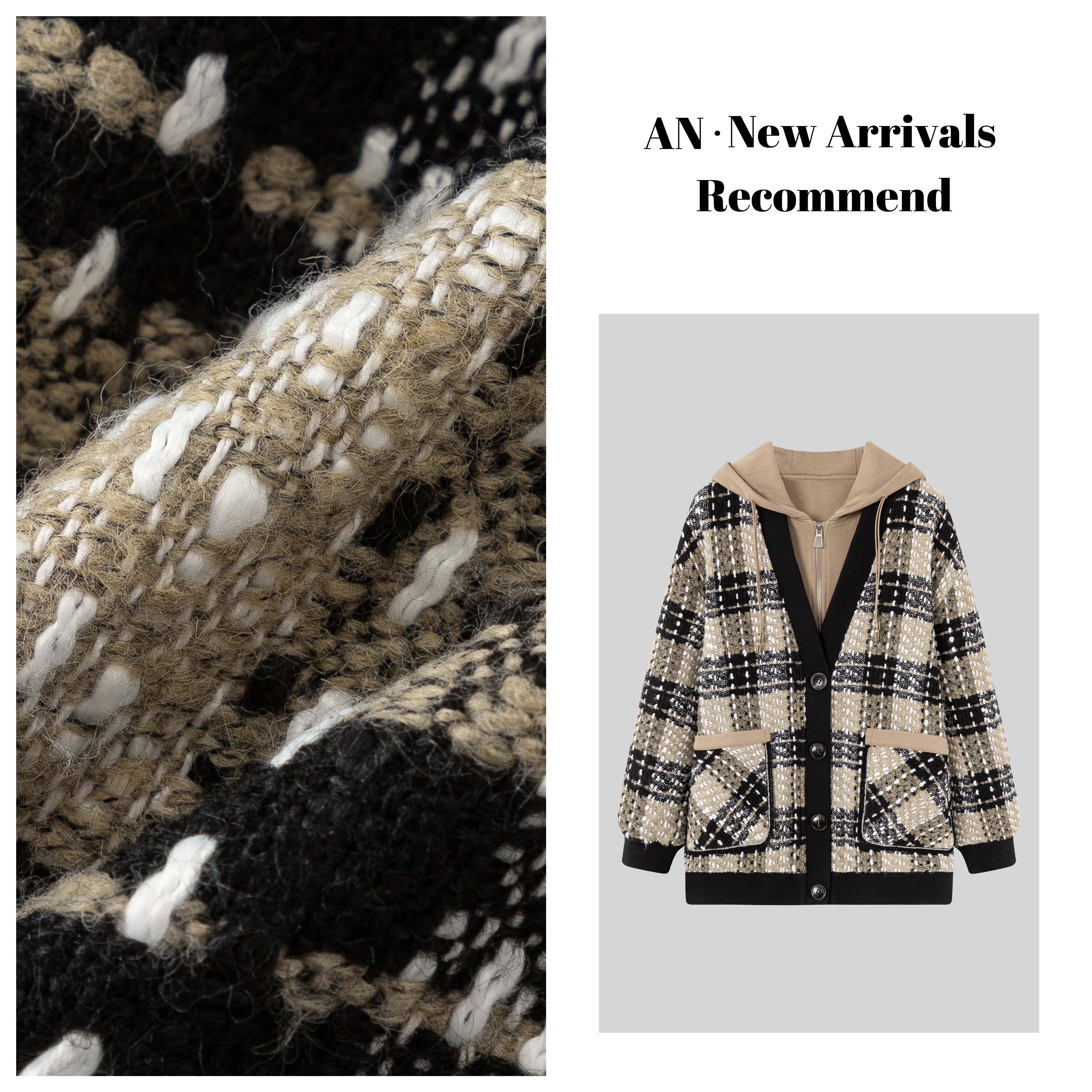 安南AN【普尔士诗集】A10048秋冬季新款拼接格子假两件连帽外套