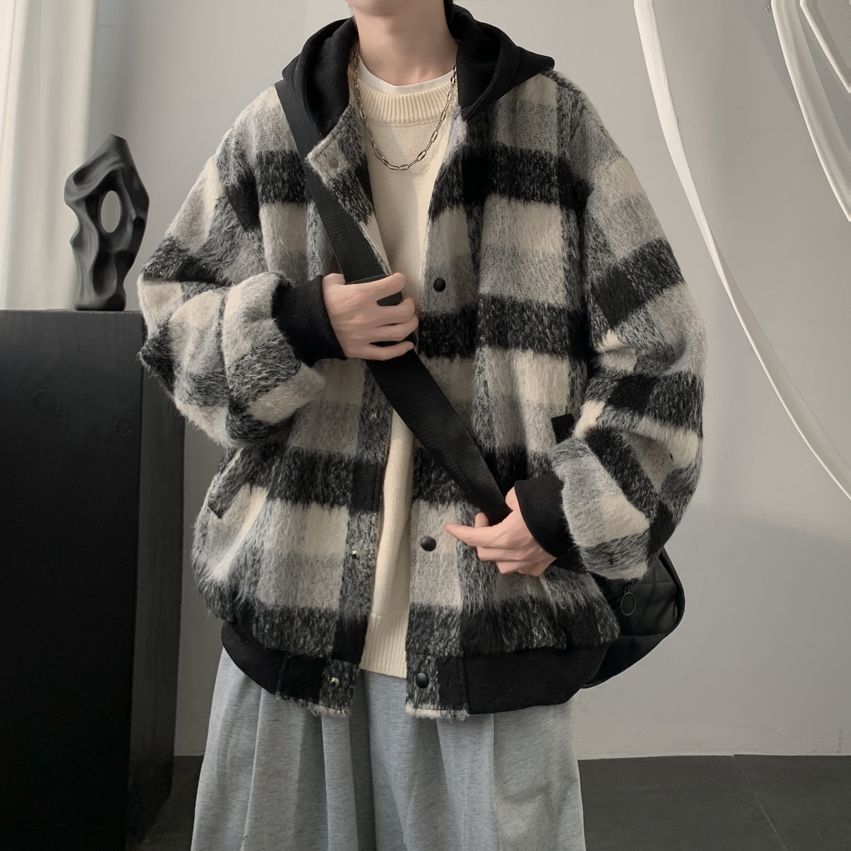 格子呢料棉衣外套男款冬季潮牌加厚保暖棉服韩版潮流宽松连帽棉袄