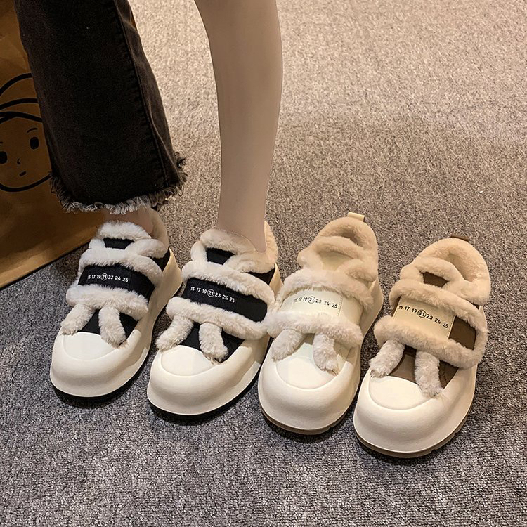 白色天使厚底魔术贴毛毛鞋女2023年秋冬季新款ins一脚蹬棉鞋102