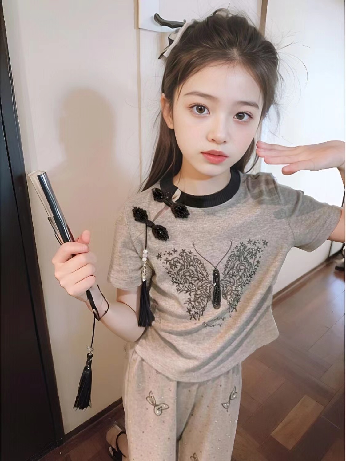 女童夏款套装烫钻盘扣国风短袖长裤两件套女孩热天衣服时髦休闲套