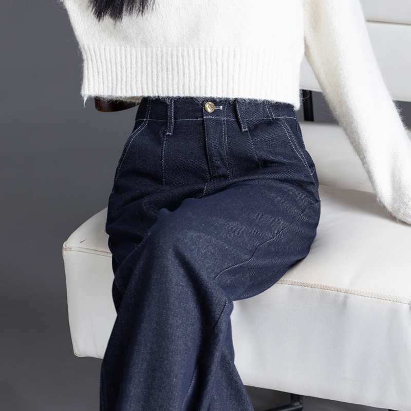防褪色加绒牛仔裤女秋冬加绒高腰长裤宽松显瘦直筒阔腿裤2023新款