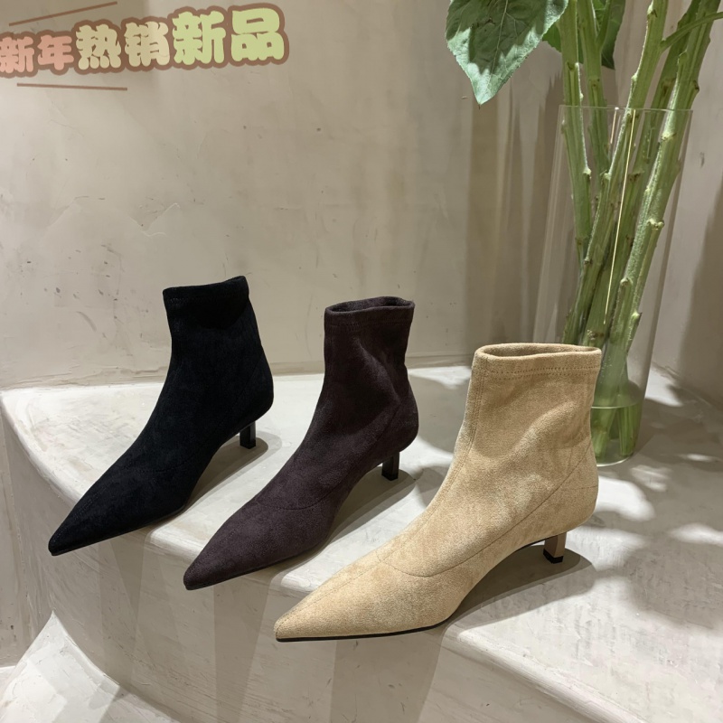 2023秋冬尖头细跟弹力靴网红瘦瘦靴中筒靴磨砂高跟加绒通勤短靴女