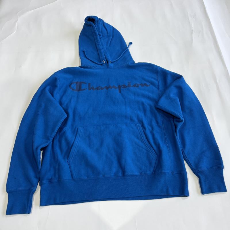 Champion 草写字母帽衫蓝色连帽卫衣