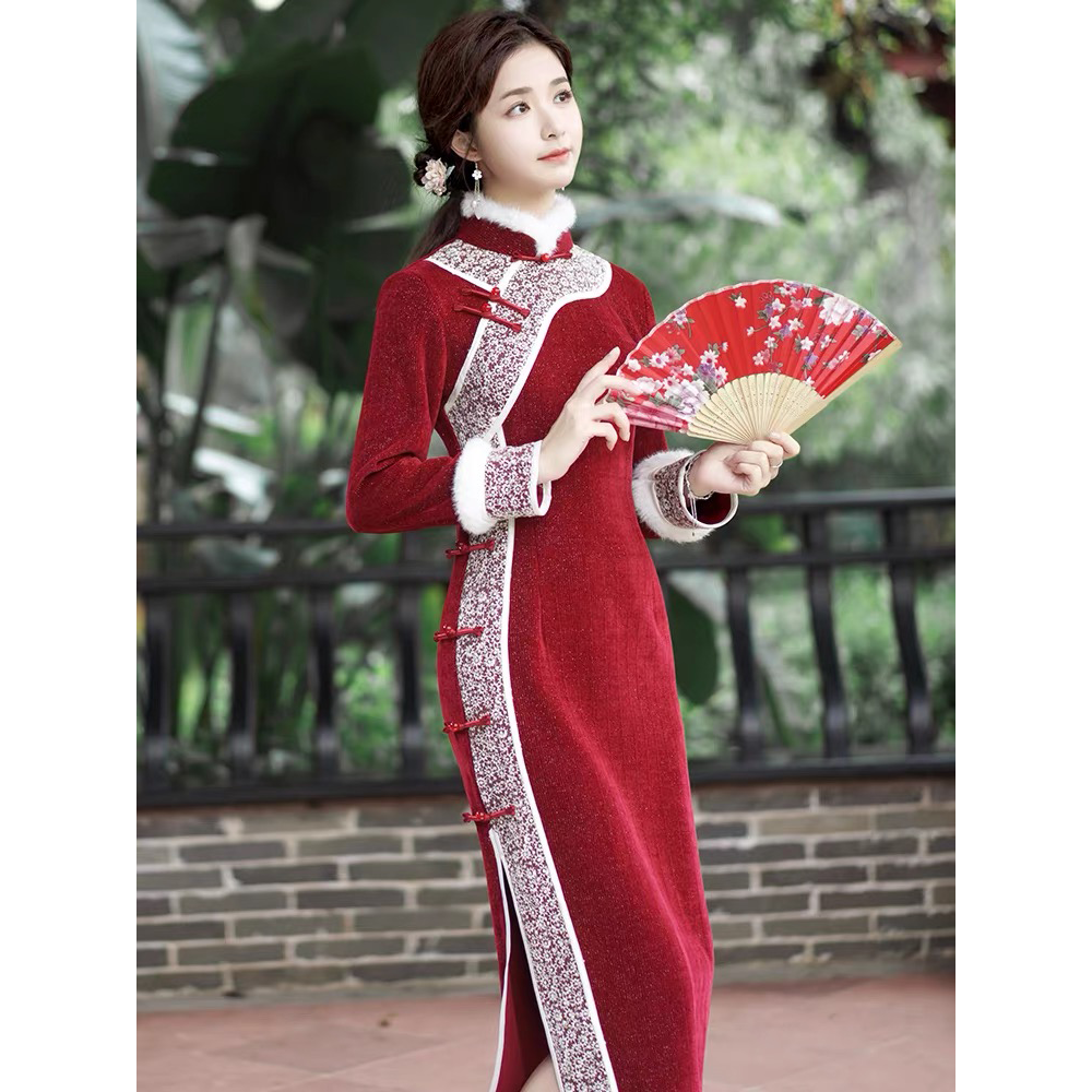 秋冬旗袍 红色日常修身黑色显瘦加厚年轻款长袖改良版新中式