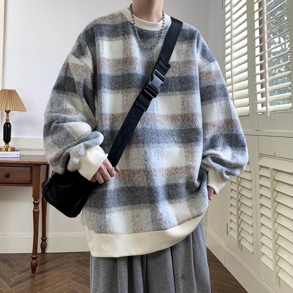 格子重磅圆领卫衣男秋冬款毛衣慵懒风宽松日系毛呢外套大码打底衫