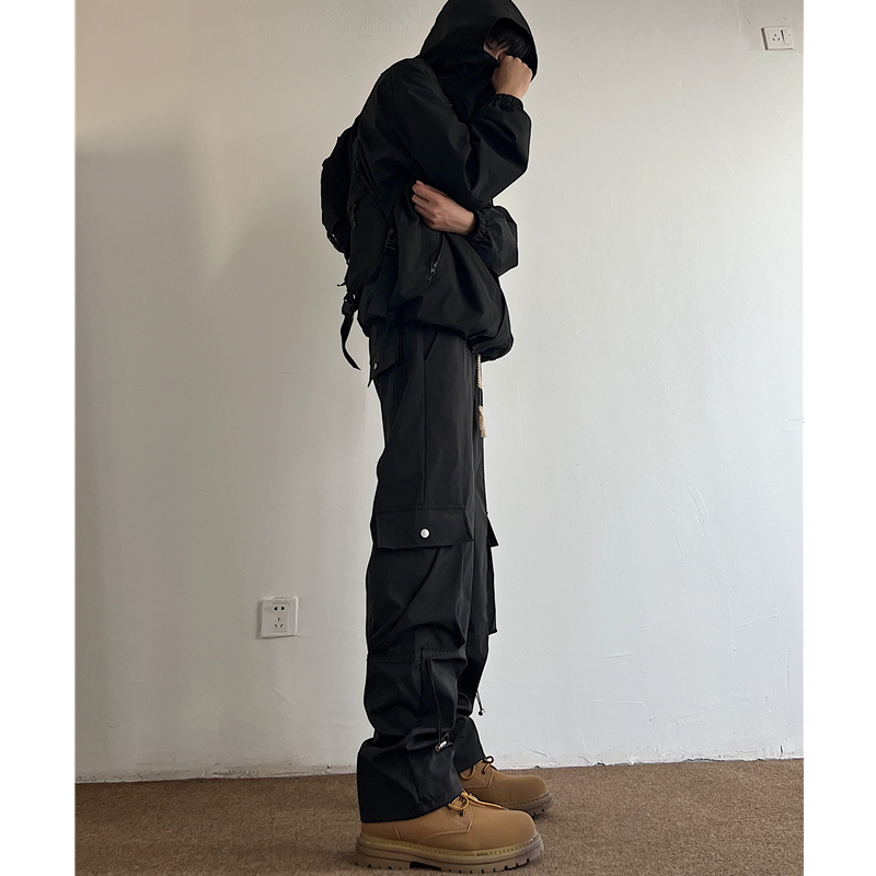 美式直筒工装裤男秋冬户外机能加绒冲锋裤防水防风垂感黑色休闲裤