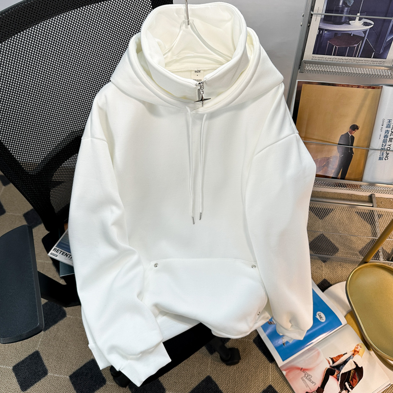 米白色假两件重磅卫衣男款秋冬季高领加绒连帽衫设计感半拉链外套